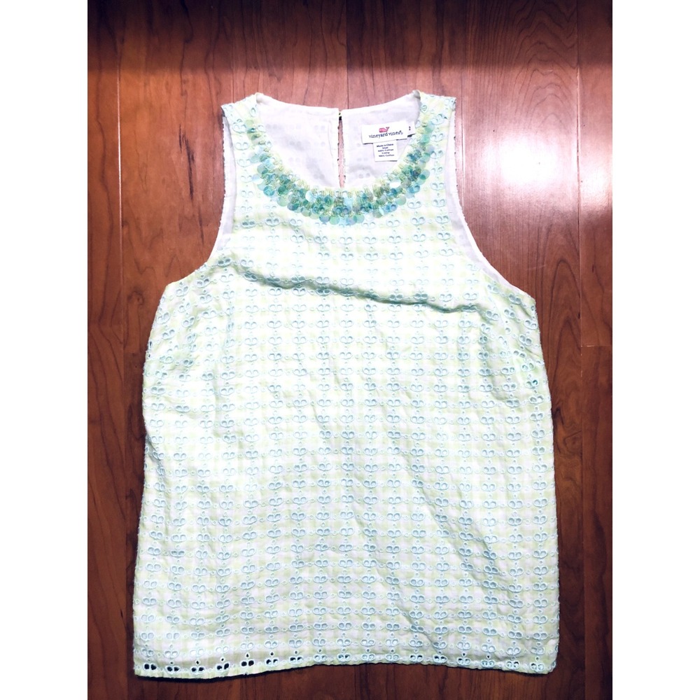 Vineyard Vines Eyelet Sleeveless Blouse Womens Size 2 Green Sequin Preppy Top